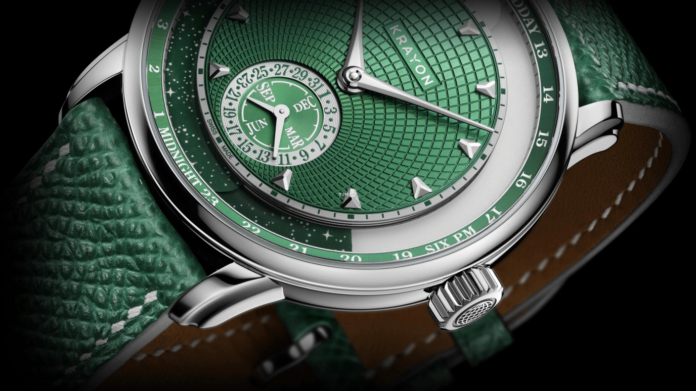 Krayon,Anywhere 39mm,39mm,Titanium,Green,Handwound,Month,Day,Sun position/rising Time,Day / Night Indication,72hours,In-house Caliber,Aurora