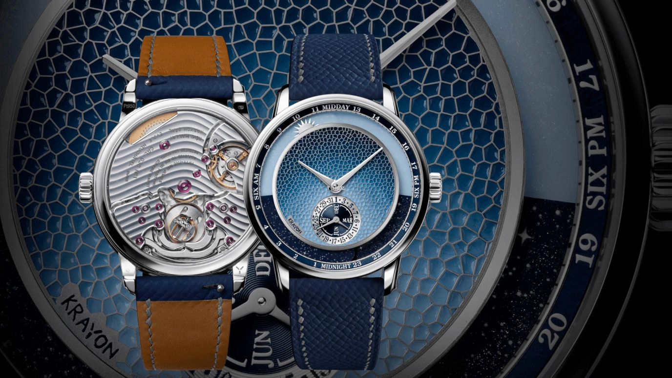 Krayon,Anywhere 39mm,39mm,Platinum,Blue,Handwound,Month,Day,Sun position/rising Time,Day / Night Indication,72hours,In-house Caliber,C030,C030-51