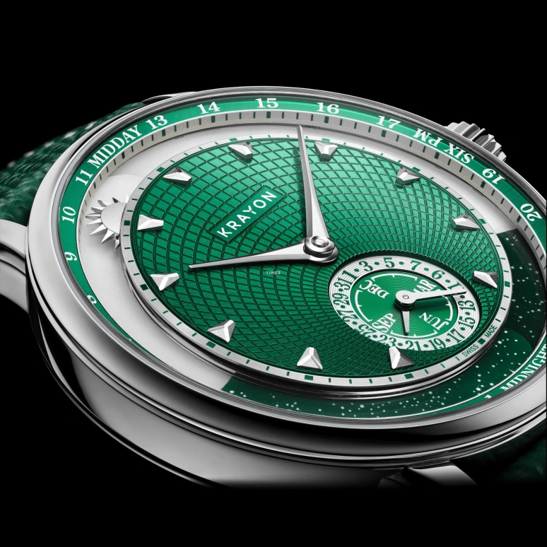 Krayon,Anywhere 39mm,39mm,Titanium,Green,Handwound,Month,Day,Sun position/rising Time,Day / Night Indication,72hours,In-house Caliber,Aurora