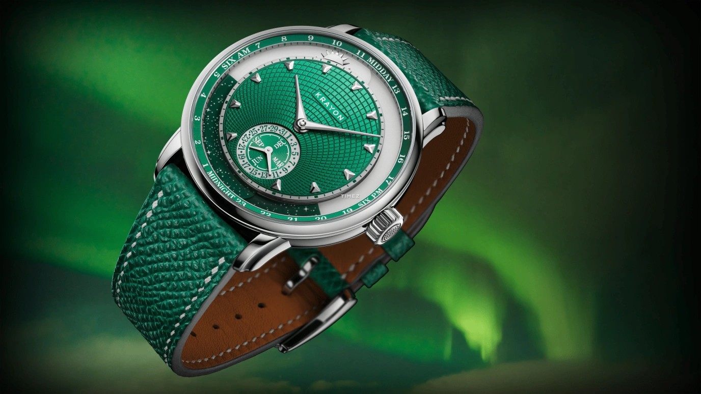 Krayon,Anywhere 39mm,39mm,Titanium,Green,Handwound,Month,Day,Sun position/rising Time,Day / Night Indication,72hours,In-house Caliber,Aurora