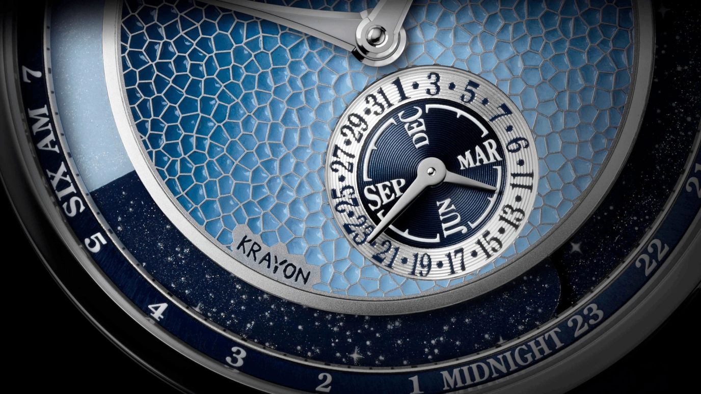 Krayon,Anywhere 39mm,39mm,Platinum,Blue,Handwound,Month,Day,Sun position/rising Time,Day / Night Indication,72hours,In-house Caliber,C030,C030-51