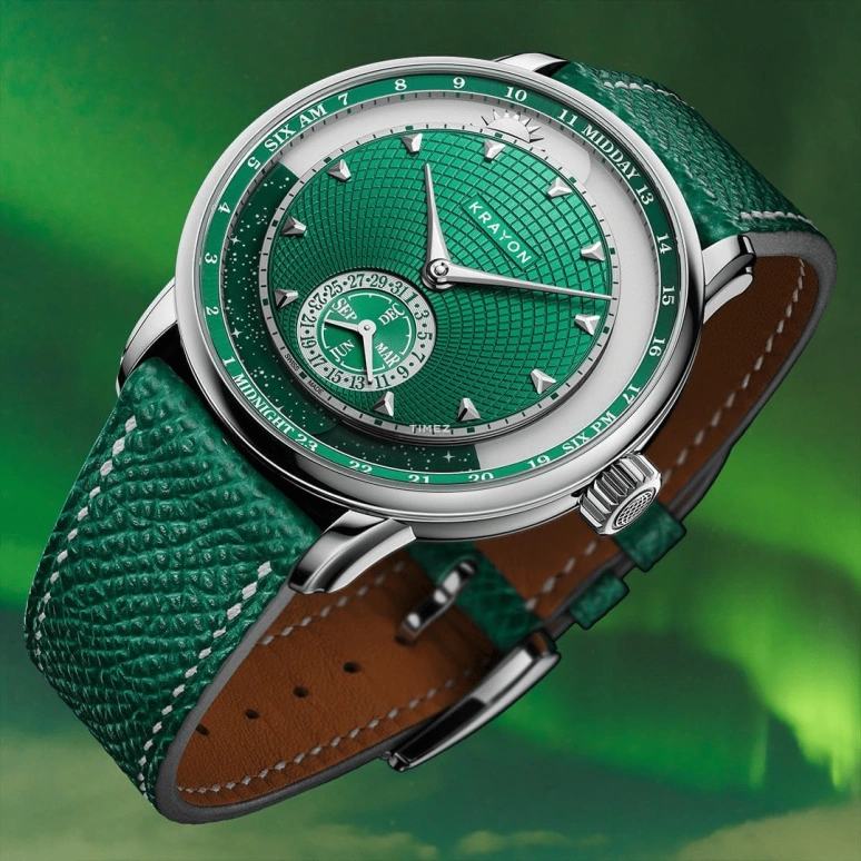 Krayon,Anywhere 39mm,39mm,Titanium,Green,Handwound,Month,Day,Sun position/rising Time,Day / Night Indication,72hours,In-house Caliber,Aurora