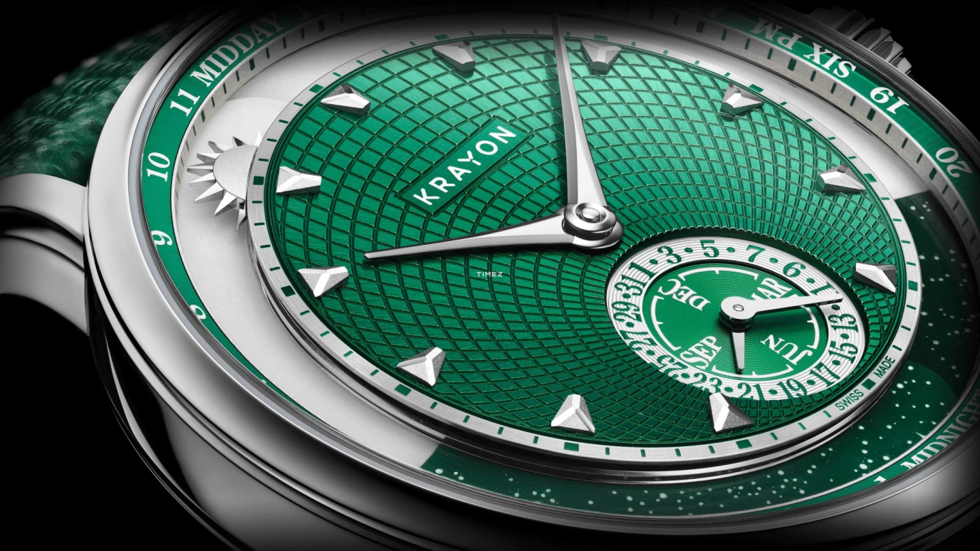 Krayon,Anywhere 39mm,39mm,Titanium,Green,Handwound,Month,Day,Sun position/rising Time,Day / Night Indication,72hours,In-house Caliber,Aurora