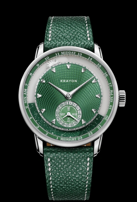 Krayon,Anywhere 39mm,39mm,Titanium,Green,Handwound,Month,Day,Sun position/rising Time,Day / Night Indication,72hours,In-house Caliber,Aurora