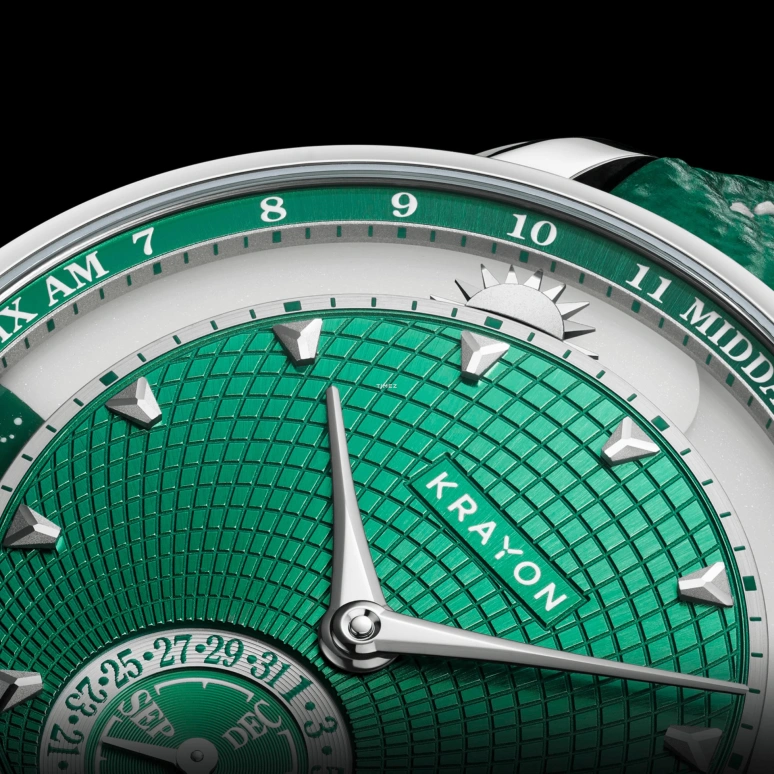 Krayon,Anywhere 39mm,39mm,Titanium,Green,Handwound,Month,Day,Sun position/rising Time,Day / Night Indication,72hours,In-house Caliber,Aurora