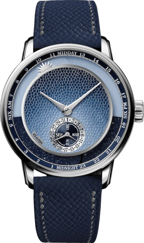 Krayon,Anywhere 39mm,39mm,Platinum,Blue,Handwound,Month,Day,Sun position/rising Time,Day / Night Indication,72hours,In-house Caliber,C030,C030-51