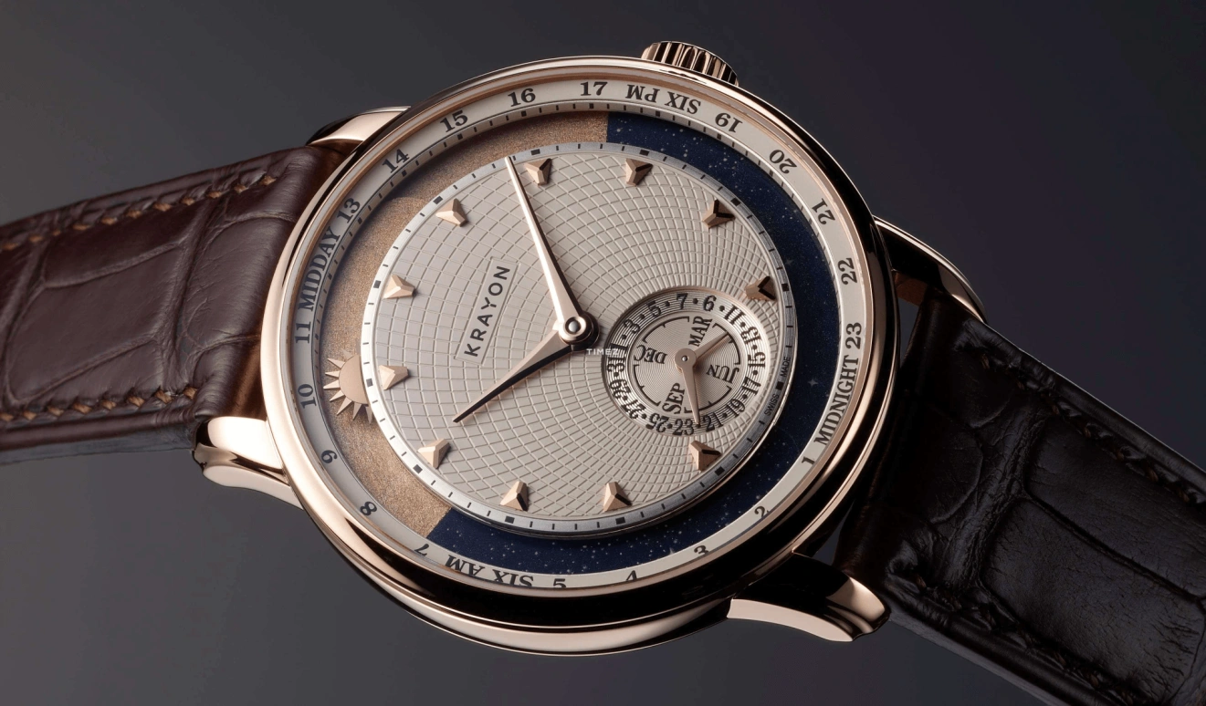 Krayon,Anywhere 39mm,39mm,Rose Gold,Cream,Handwound,Month,Day,Sun position/rising Time,Day / Night Indication,72hours,In-house Caliber,C030,C030-02