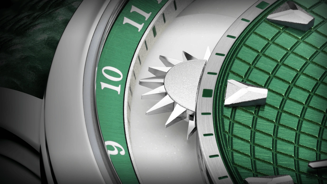 Krayon,Anywhere 39mm,39mm,Titanium,Green,Handwound,Month,Day,Sun position/rising Time,Day / Night Indication,72hours,In-house Caliber,Aurora