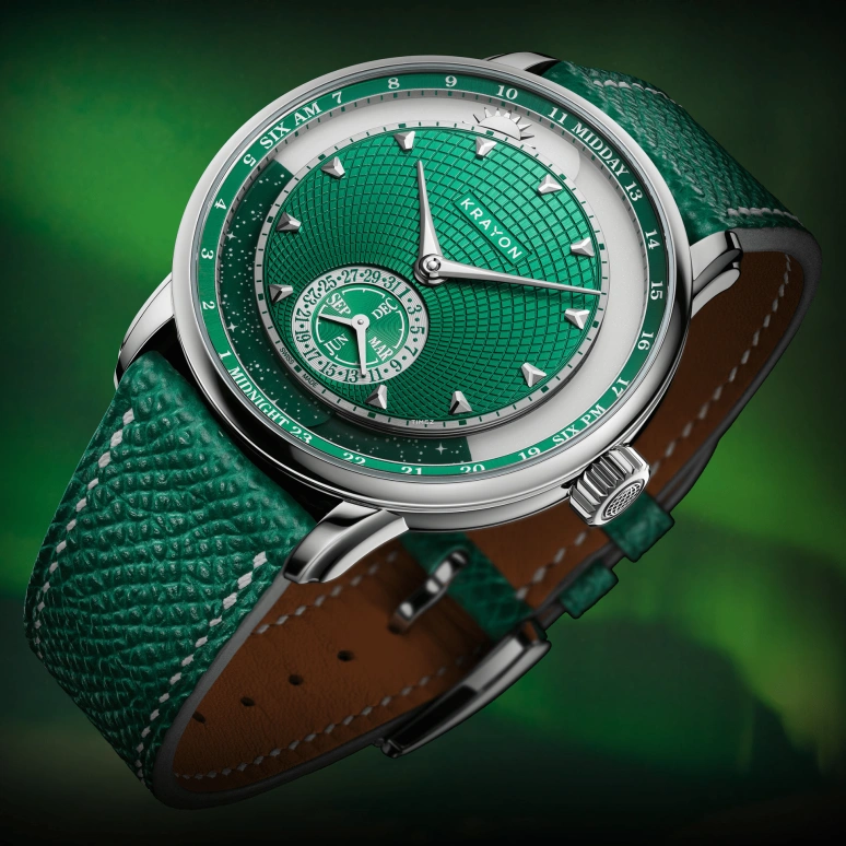 Krayon,Anywhere 39mm,39mm,Titanium,Green,Handwound,Month,Day,Sun position/rising Time,Day / Night Indication,72hours,In-house Caliber,Aurora