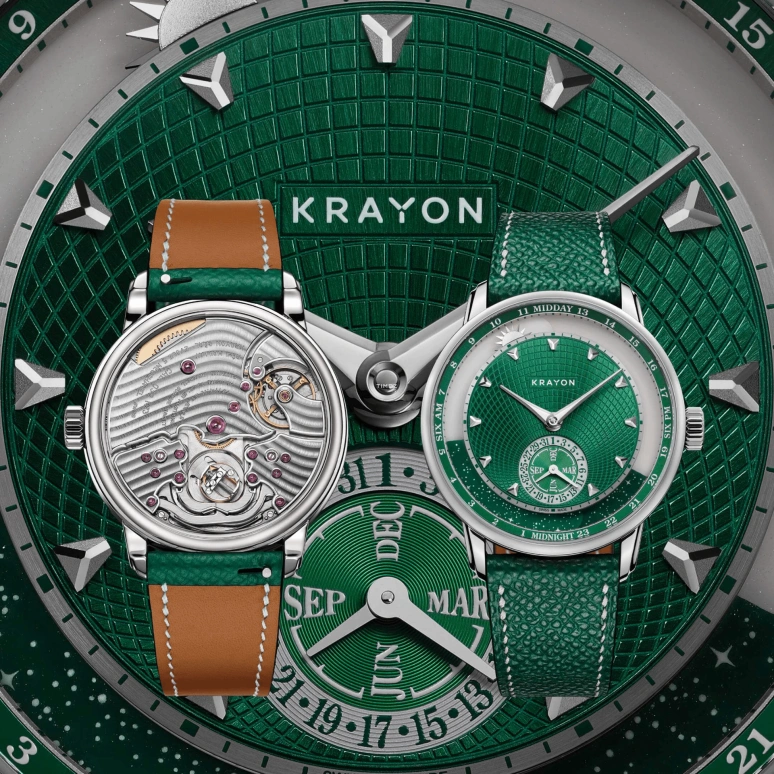 Krayon,Anywhere 39mm,39mm,Titanium,Green,Handwound,Month,Day,Sun position/rising Time,Day / Night Indication,72hours,In-house Caliber,Aurora