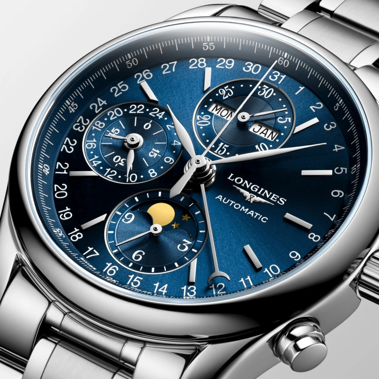 Longines,Master 40mm,40mm,Stainless Steel,Blue,Automatic,Chronograph,Moonphase,Month,Date,66hours,In-house Caliber,L2,L2.673.4.92.6
