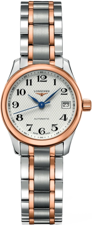 Longines,Master 25.50mm,25.50mm,Yellow Gold,Stainless Steel,Silver,Automatic,Date,40hours,L2,L2.128.5.79.7