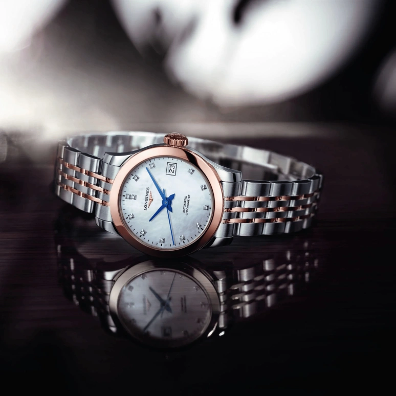 Longines,Record 26mm,26mm,Pink Gold,Stainless Steel,White,Automatic,Date,40hours,L2,L2.320.5.87.7