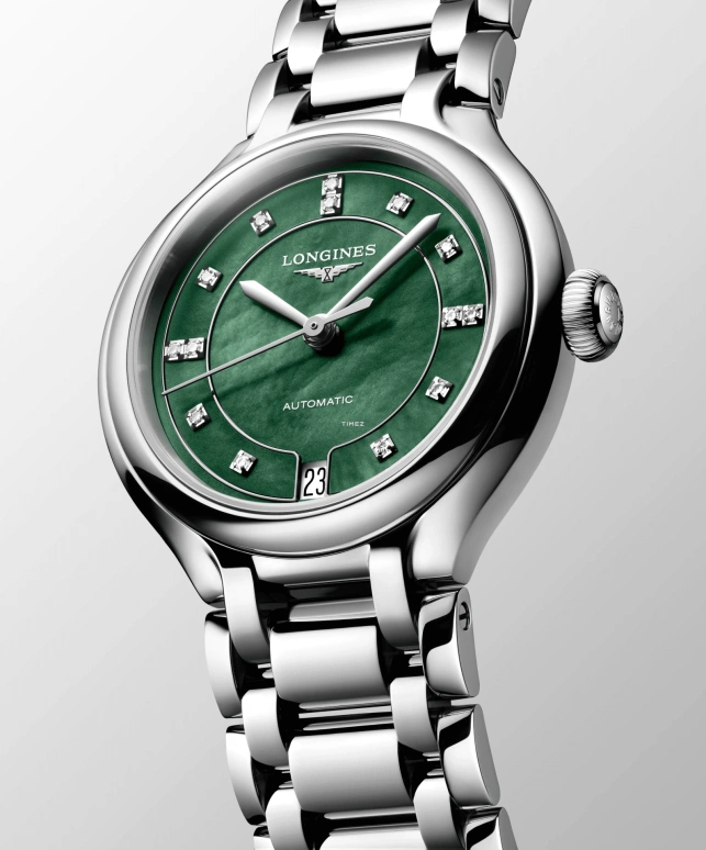 Longines,PrimaLuna 34mm,34mm,Stainless Steel,Green,Automatic,Day,64hours,L8,L8.124.4.07.6