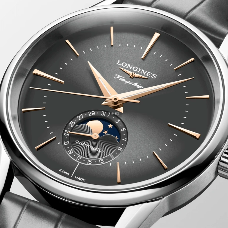 Longines,Flagship 38.50mm,38.50mm,Stainless Steel,Smoky Coal,Automatic,Moonphase,Day,L4,L4.815.4.52.2