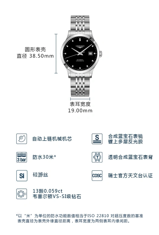 Longines,Record 38.50mm,38.50mm,Stainless Steel,Black,Automatic,Date,64hours,L2,L2.820.4.57.6