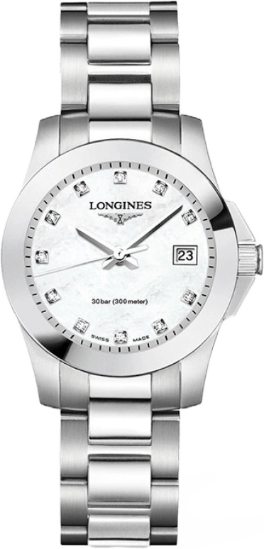 Longines,Conquest 29.50mm,29.50mm,Stainless Steel,White,Quartz,Date,26280hours,L3,L3.277.4.87.6