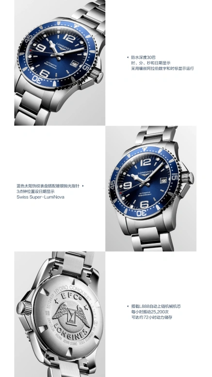 Longines,HydroConquest 41mm,41mm,Stainless Steel,Blue,Automatic,Date,65hours,L3,L3.742.4.96.6