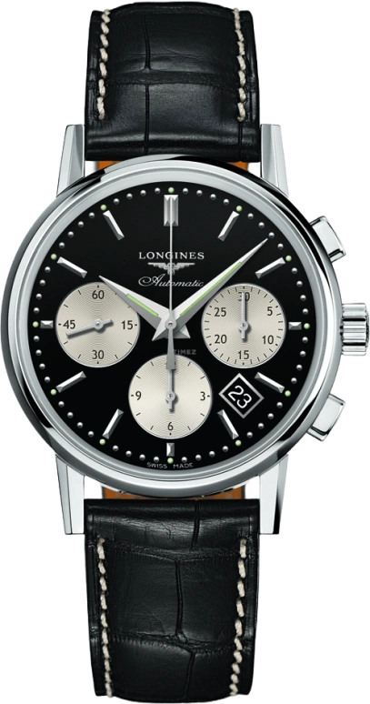 Longines,Heritage Classic 39mm,39mm,Stainless Steel,Black,Automatic,Chronograph,Moonphase,Date,Column Wheel,54hours,In-house Caliber,L2,L2.733.4.92.0