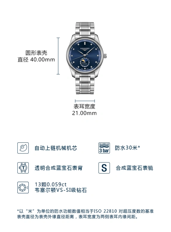 Longines,Master 40mm,40mm,Stainless Steel,Blue,Automatic,Moonphase,Day,L2,L2.909.4.97.6