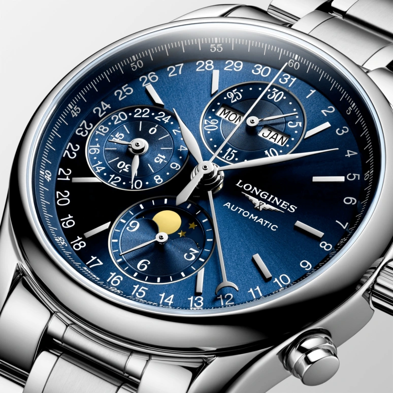 Longines,Master 40mm,40mm,Stainless Steel,Blue,Automatic,Chronograph,Moonphase,Month,Date,66hours,In-house Caliber,L2,L2.673.4.92.6