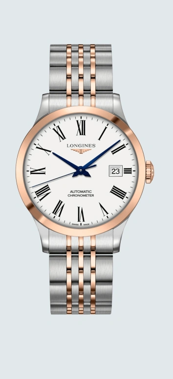 Longines,Record 38.50mm,38.50mm,Pink Gold,Stainless Steel,White,Automatic,Date,64hours,L2,L2.820.5.11.7