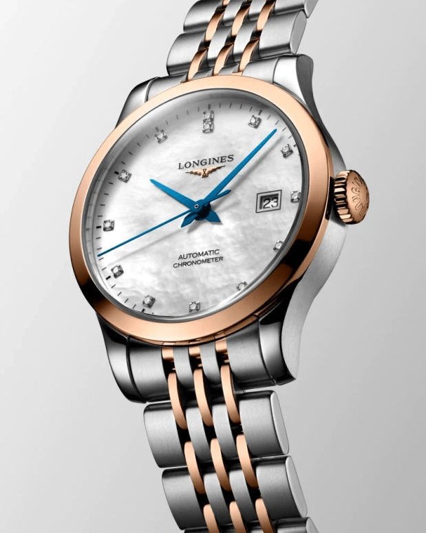Longines,Record 30mm,30mm,Pink Gold,Stainless Steel,White,Automatic,Date,40hours,L2,L2.321.5.87.7