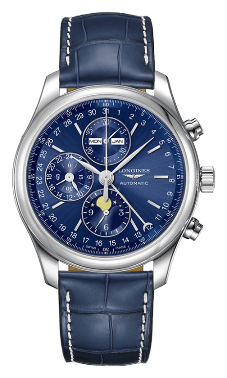 Longines,Master 42mm,42mm,Stainless Steel,Blue,Automatic,Chronograph,Moonphase,Month,Date,66hours,In-house Caliber,L2,L2.773.4.92.0