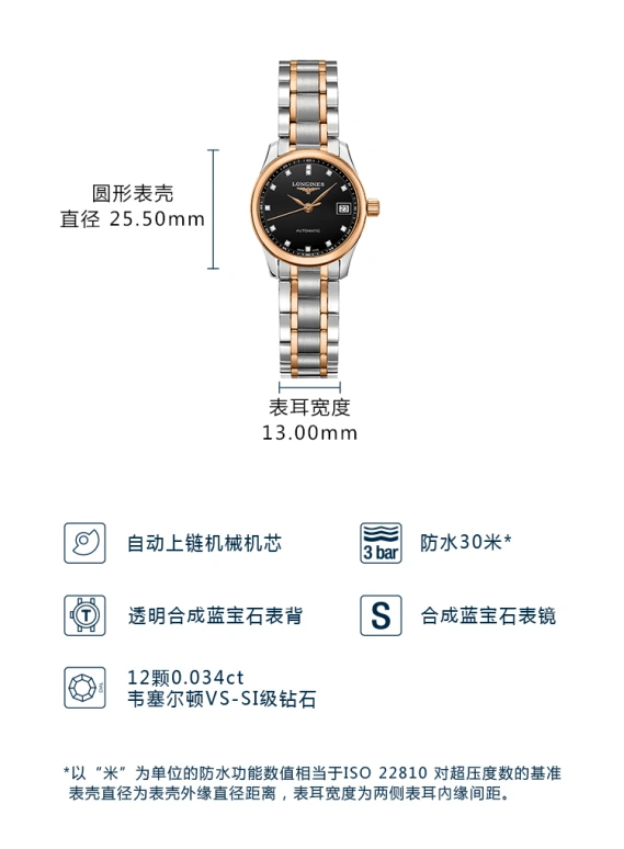 Longines,Master 25.50mm,25.50mm,Stainless Steel,Black,Automatic,Date,40hours,L2,L2.128.5.59.7