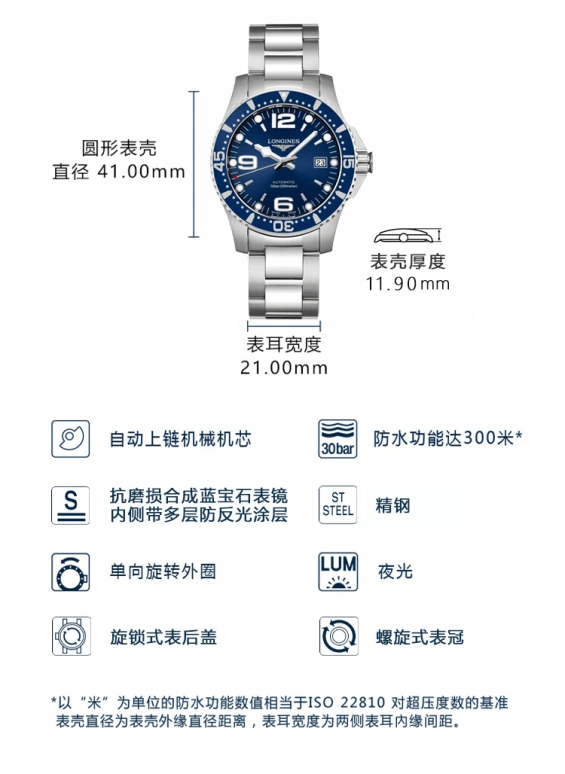 Longines,HydroConquest 41mm,41mm,Stainless Steel,Blue,Automatic,Date,65hours,L3,L3.742.4.96.6