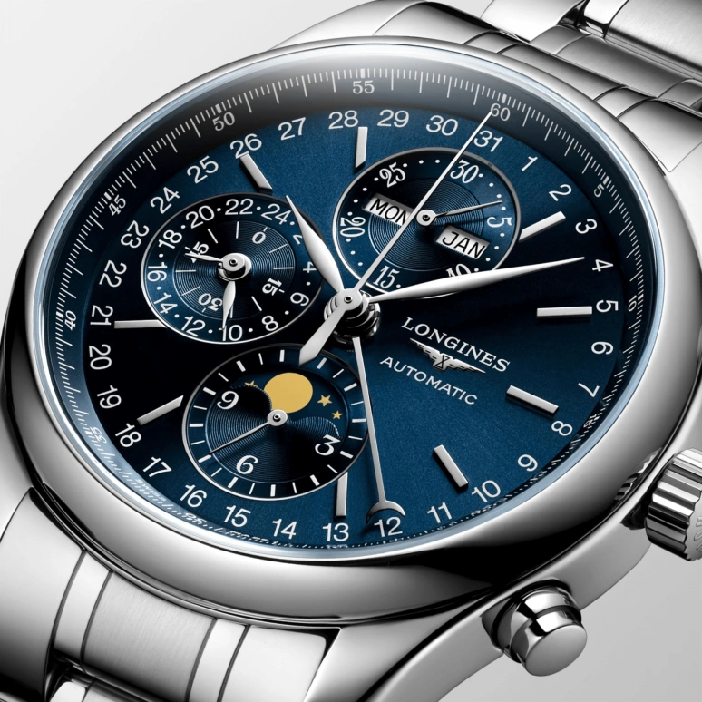 Longines,Master 42mm,42mm,Stainless Steel,Blue,Automatic,Chronograph,Moonphase,Month,Date,54hours,In-house Caliber,L2,L2.773.4.92.6