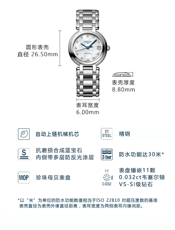Longines,PrimaLuna 26.50mm,26.50mm,Stainless Steel,White,Automatic,Date,40hours,L8,L8.111.4.87.6