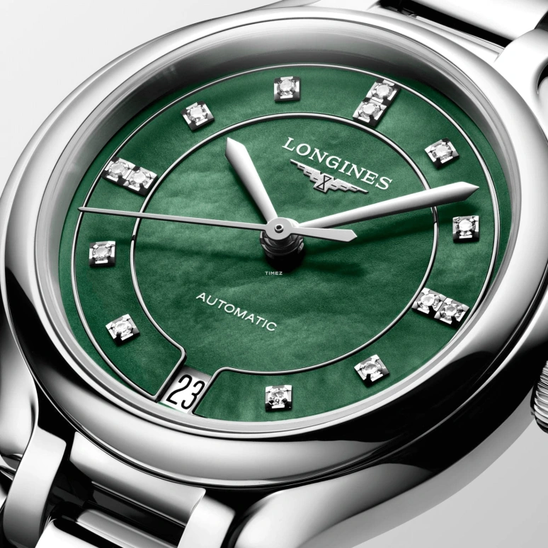 Longines,PrimaLuna 34mm,34mm,Stainless Steel,Green,Automatic,Day,64hours,L8,L8.124.4.07.6