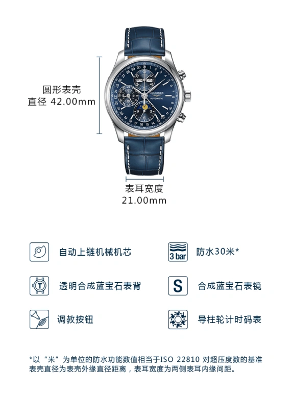 Longines,Master 42mm,42mm,Stainless Steel,Blue,Automatic,Chronograph,Moonphase,Month,Date,66hours,In-house Caliber,L2,L2.773.4.92.0