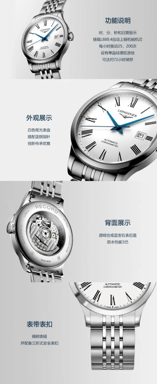 Longines,Record 38.50mm,38.50mm,Stainless Steel,White,Automatic,Date,64hours,L2,L2.820.4.11.6
