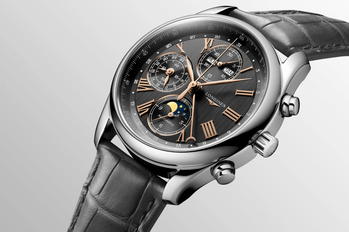 Longines,Master 40mm,40mm,Stainless Steel,Black,Smoky Coal,Automatic,Chronograph,Moonphase,Month,Date,54hours,In-house Caliber,L2,L2.673.4.61.2