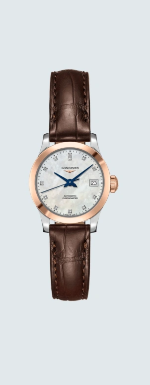 Longines,Record 26mm,26mm,Pink Gold,Stainless Steel,White,Automatic,Date,40hours,L2,L2.320.5.87.2