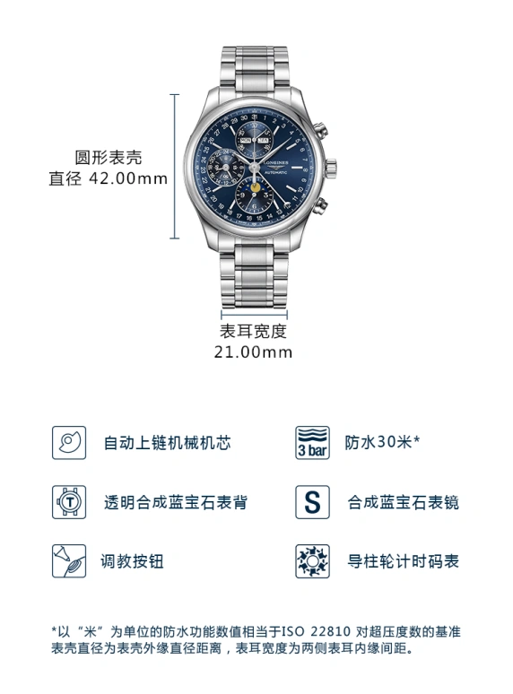 Longines,Master 42mm,42mm,Stainless Steel,Blue,Automatic,Chronograph,Moonphase,Month,Date,54hours,In-house Caliber,L2,L2.773.4.92.6