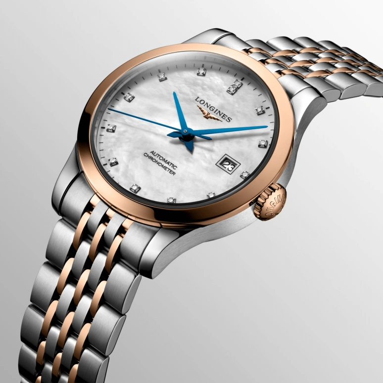 Longines,Record 30mm,30mm,Pink Gold,Stainless Steel,White,Automatic,Date,40hours,L2,L2.321.5.87.7