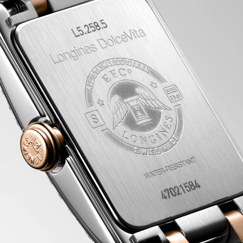 Longines,DolceVita 17.70x27mm,17.70x27mm,Stainless Steel,Rose Gold,Silver,Quartz,In-house Caliber,Sapphire,Crystal Glass,L5,L5.258.5.79.7