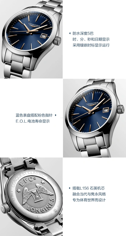 Longines,Conquest Classic 34mm,34mm,Stainless Steel,Blue,Quartz,Date,26280hours,L2,L2.386.4.92.6