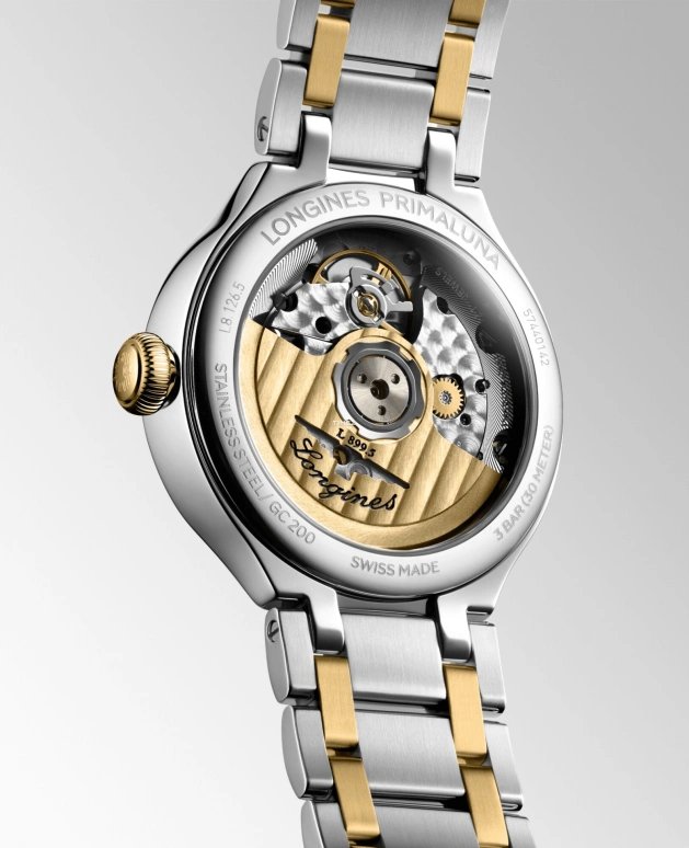 Longines,PrimaLuna 34mm,34mm,Stainless Steel,Yellow Gold,Silver,Automatic,Moonphase,Day,L8,L8.126.5.79.7