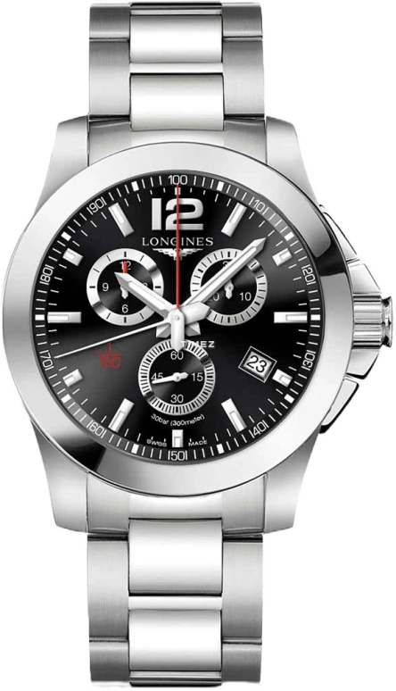 Longines,Conquest 44mm,44mm,Stainless Steel,Black,Quartz,Chronograph,Day,L3,L3.800.4.56.6