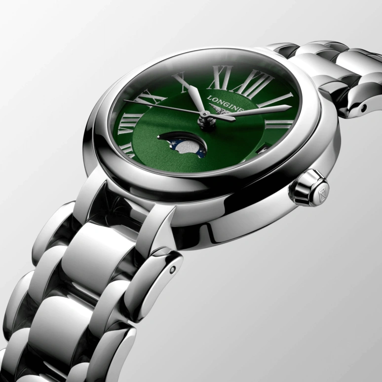 Longines,Elegant 30.50mm,30.50mm,Stainless Steel,Olive Green,Silver,Quartz,In-house Caliber,Sapphire,L8,L8.115.4.61.6
