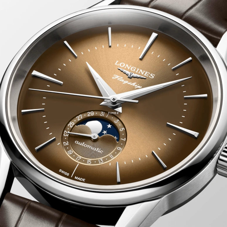 Longines,Flagship 38.50mm,38.50mm,Stainless Steel,Brown,Automatic,Moonphase,Day,L4,L4.815.4.62.2