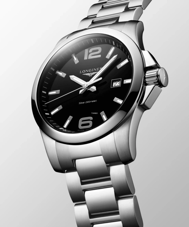 Longines,Conquest 43mm,43mm,Stainless Steel,Black,Quartz,Day,26280hours,L3,L3.760.4.56.6
