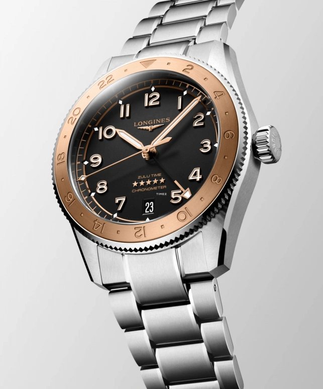 Longines,Spirit 39mm,39mm,Stainless Steel,Pink Gold,Black,Automatic,Day,Dule Time,GMT,Anti-magnetic,65hours,In-house Caliber,L3,L3.803.5.53.6