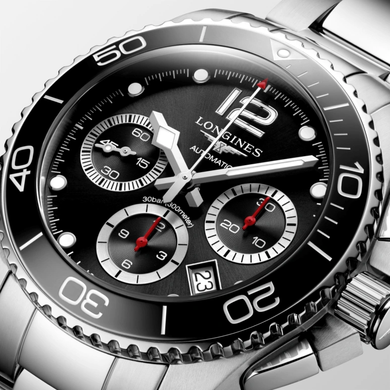 Longines,HydroConquest 41mm,41mm,Stainless Steel,Black,Automatic,Chronograph,Moonphase,Date,Column Wheel,54hours,In-house Caliber,L3,L3.783.4.56.6