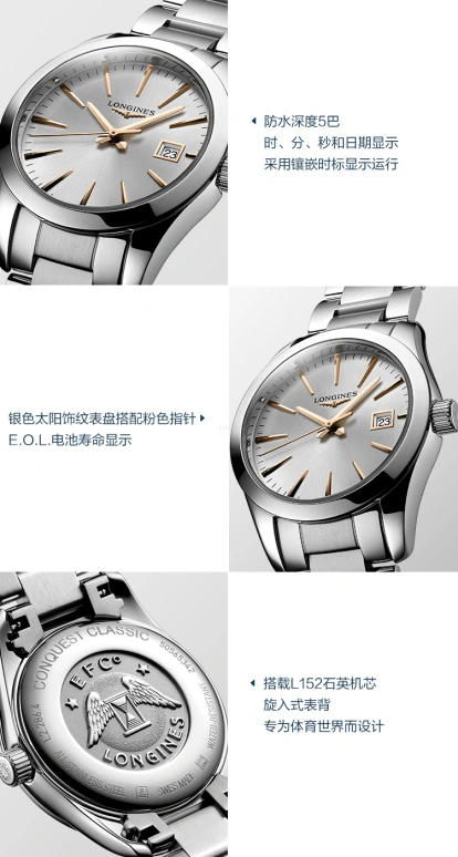 Longines,Conquest Classic 29.50mm,29.50mm,Stainless Steel,Silver,Quartz,Date,Jumping Minutes,L2,L2.286.4.72.6