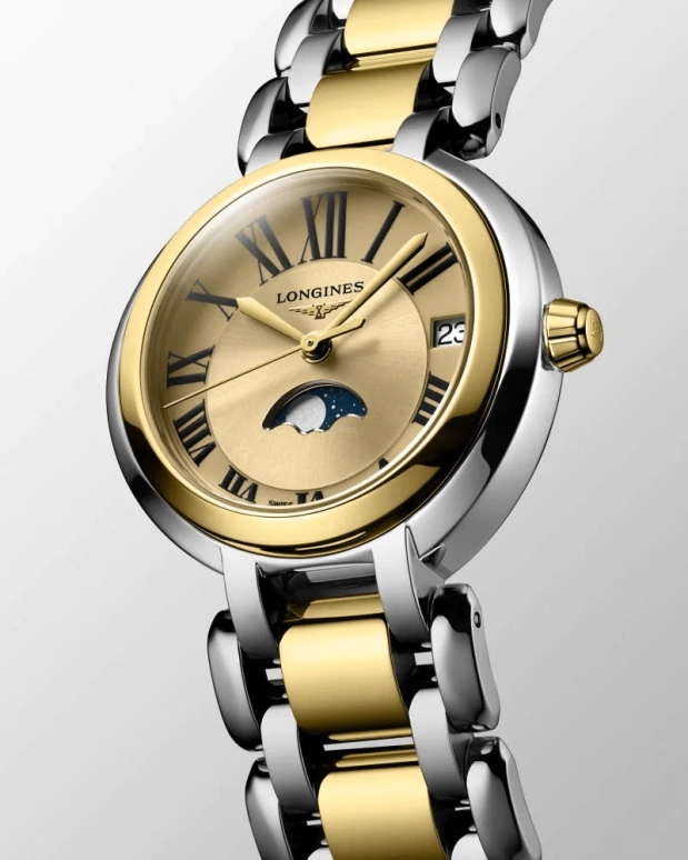 Longines,PrimaLuna 30.50mm,30.50mm,Stainless Steel,Gold,Quartz,Moonphase,Day,L8,L8.115.5.31.7